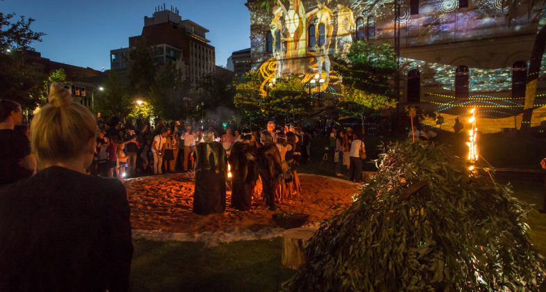 The sunset ceremony that opened the Adelaide Fringe 2016, as Tangkuinyendi Yabarra projections begin to play on the Mortlock Wing.