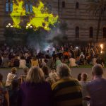 Conclusion of the Sunset Ceremony as Tangkuinyendi Yabarra projections begin to play on the Mortlock Wing.