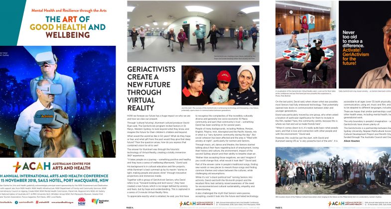 Conference program pages for the Arts Health Conference 2018, featuring the GeriActivists