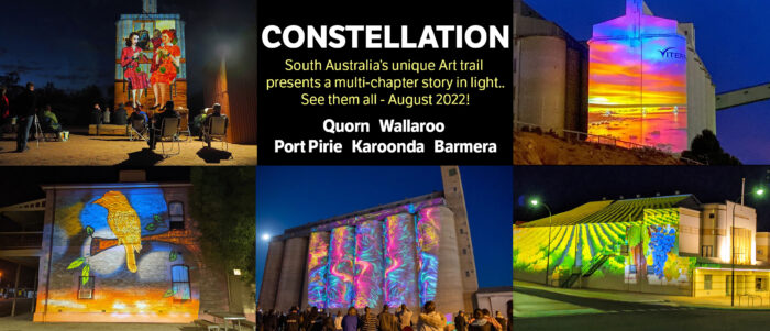 A composited picture displaying permanent projection on 5 regional landmarks to explain Constellation - South Australia's unique art trail presents a multi-chapter story in light - August 2022