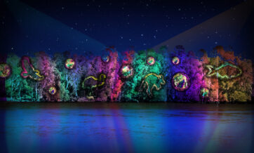 Artist visualisation of riverbank and tree projection displaying colourful orbs and local themes.