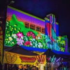 Brightly hand drawn birds and blooms are projected onto an art deco building at Bloomin' Birds Spring Festival in Coonabarabran