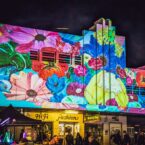 Brightly hand drawn blooms are projected onto an art deco building at Bloomin' Birds Spring Festival in Coonabarabran