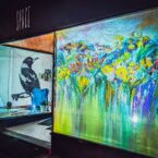 Brightly hand drawn blooms rear projected on a window for Bloomin' Birds Spring Festival in Coonabarabran