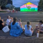 The rainbow emu on display is the result of workshop activations with the local community during the day, projected by night.