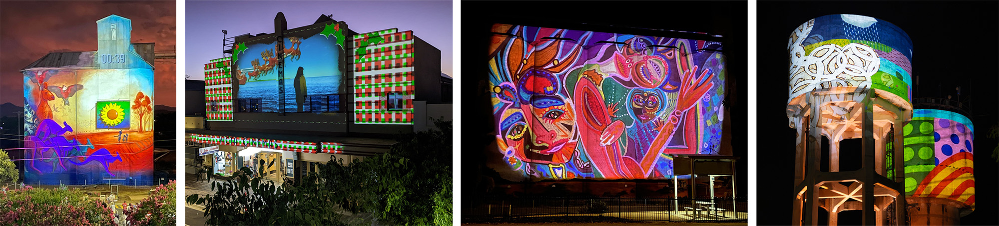 Permanent projection installations by illuminart on silos, civic buildings, and water towers, showing large-scale landmark activation at night.