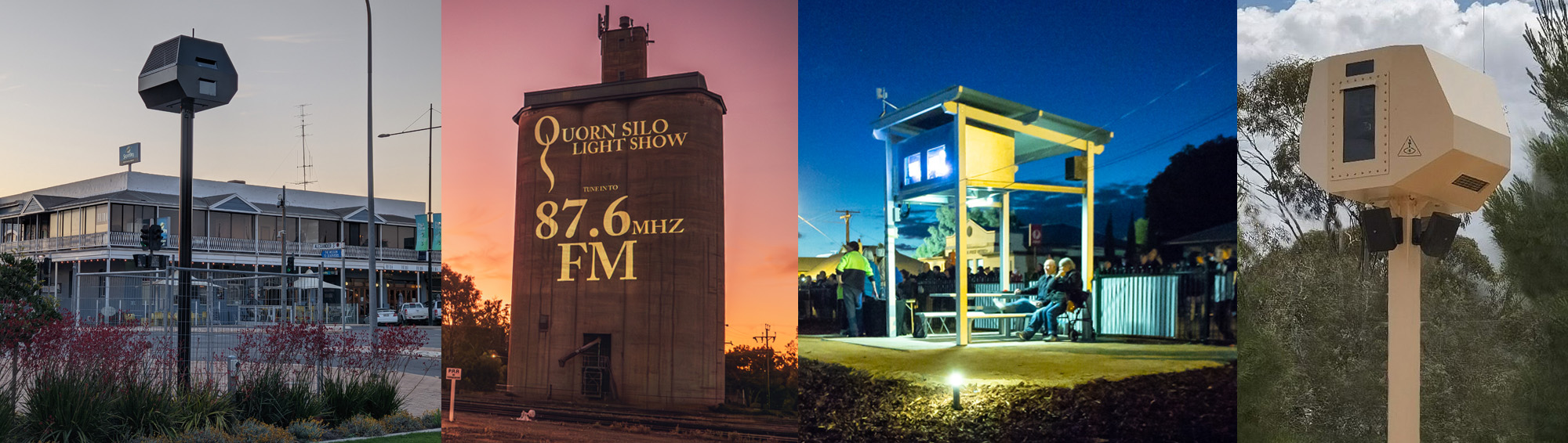 Permanent projection infrastructure by illuminart showing silo, civic building, public shelter, and installed projection hardware at night.